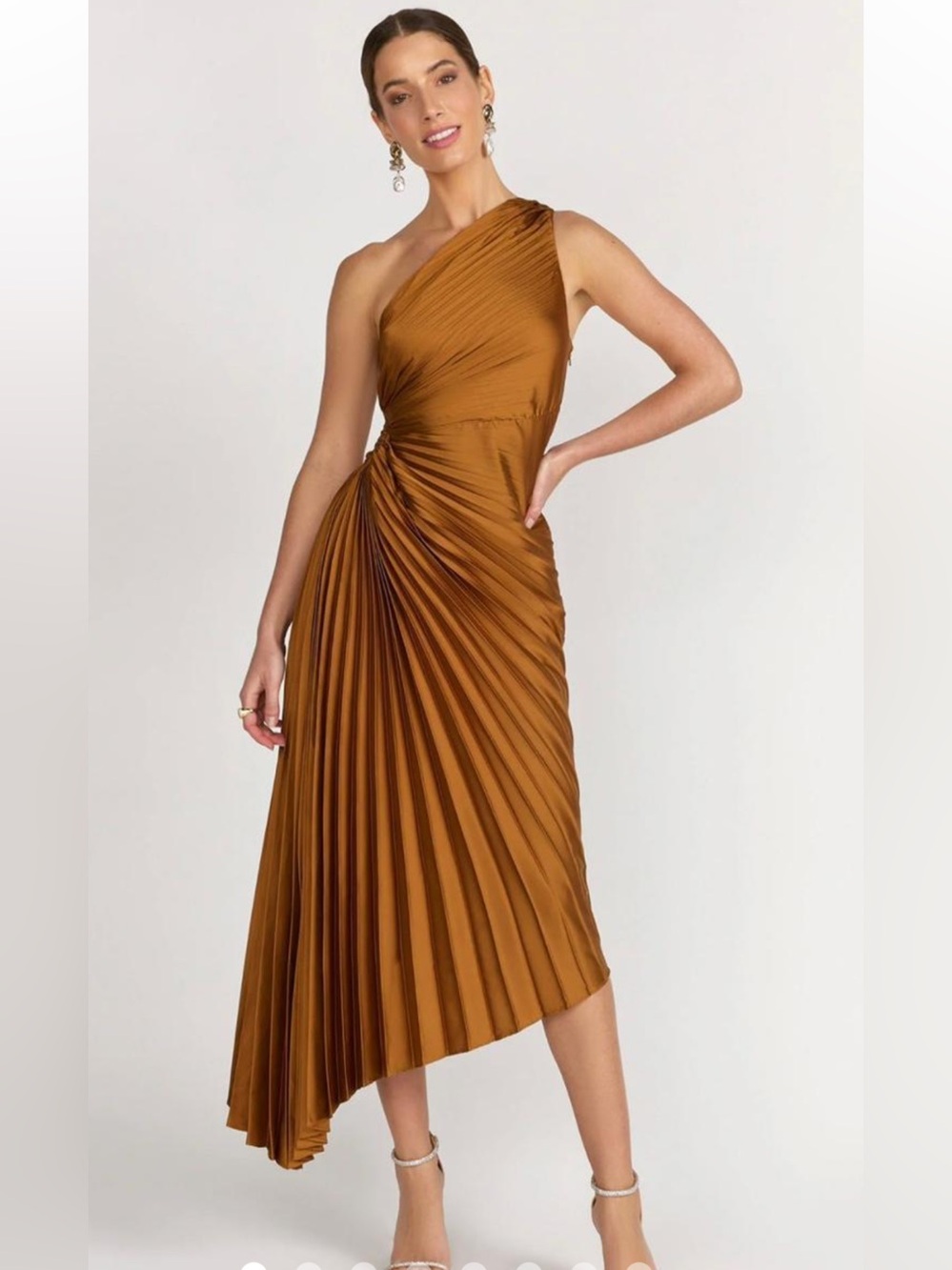 Dress Forum large bronze pleated asymmetrical waist cut out dress.